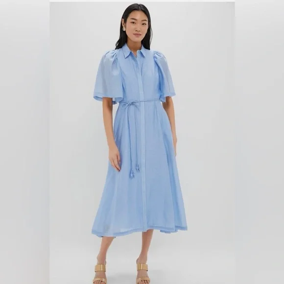 Pale Blue Midi Shirt Dress with Tie Waist - Picture 1 of 9
